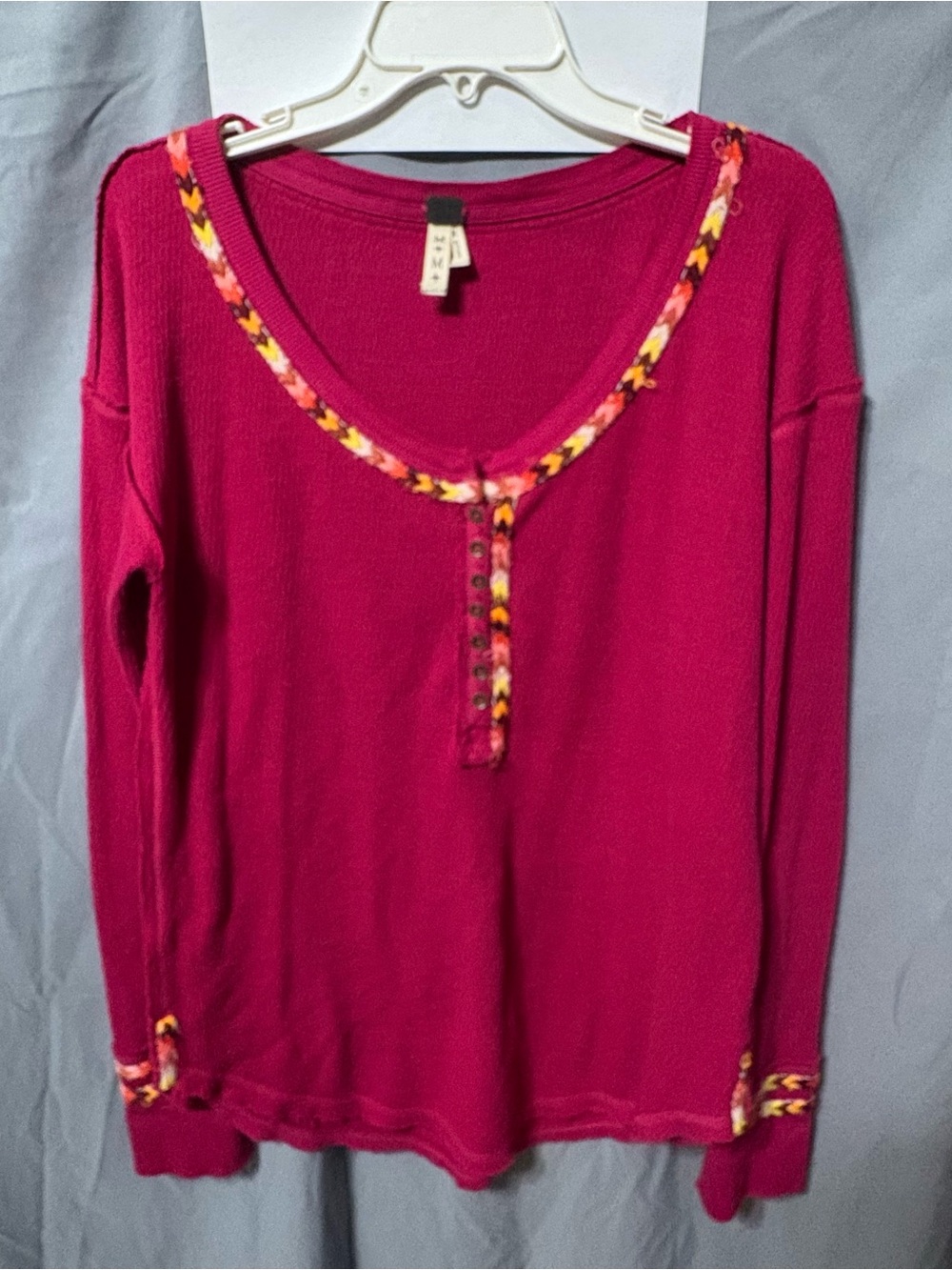 We The Free Magenta Rainbow Thermal Long-Sleeve Henley with Multicolor Trim